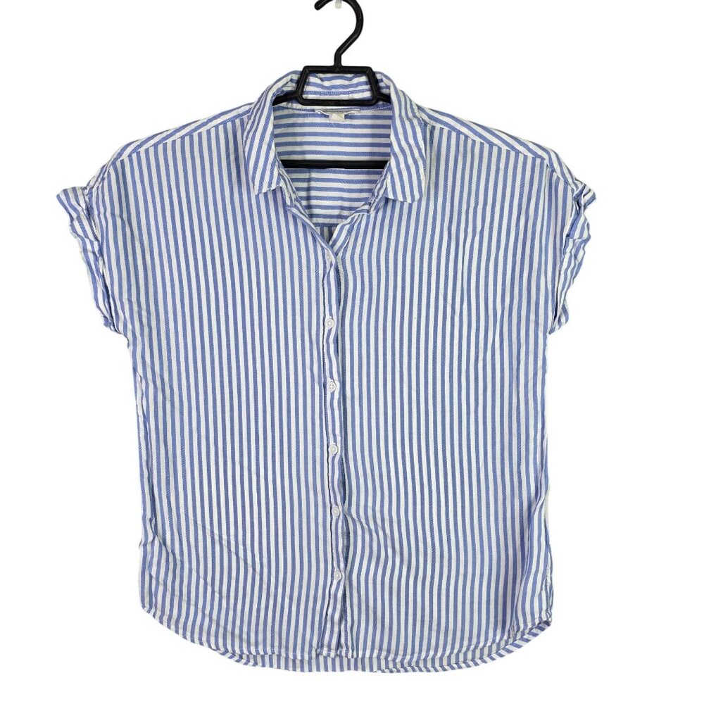 Womens Beach Lunch Lounge Blue & White Striped Sleeveless Shirt Button Up Size M